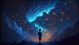 Fototapeta Natura - illustration of a boy looking at night starry sky with glitter glow galaxy flicker above, idea for prayer of hope, love, peace theme, Generative Ai
