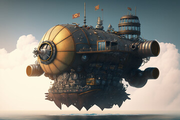 Concept of a large flying machine sailing in the sea in steampunk style generated by AI, digital art.