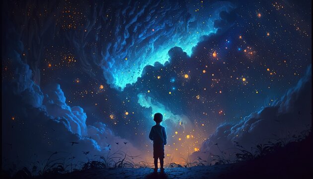 illustration of a boy looking at night starry sky with glitter glow galaxy flicker above, idea for p