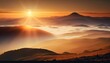 © Anna - the sun is setting over the mountains in the distance, with fog in the foreground and a hazy sky in the distance, with a few clouds in the foreground.  generative ai