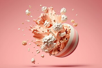 Canvas Print -  a pink background with popcorn exploding out of a bowl on top of the bowl is a pink background with a white stripe around the bowl.  generative ai