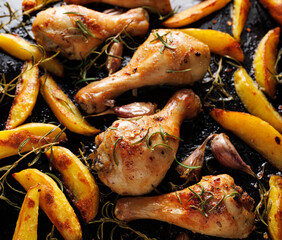 Wall Mural - Roasted chicken legs, drumsticks and potatoes with rosemary and garlic on a dark background, close up view