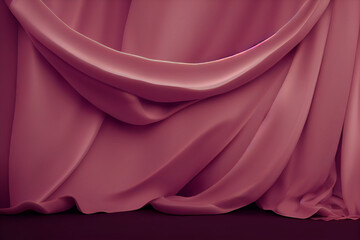 Reddish fabric draped over the wall background, luxury silk backdrop for fashion product presentation, elegant minimal drapery design