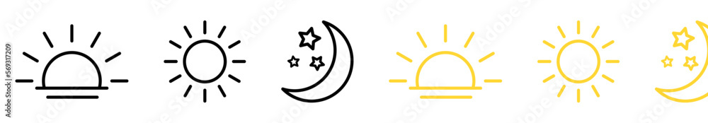 Setting Or Rising Sun Symbol Time of the day signs. Rising and setting sun, crescent moon and stars ...
