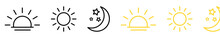 Time Of The Day Signs. Rising And Setting Sun, Crescent Moon And Stars, Day And Night Time Symbols. Vector Illustration