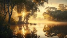  The Sun Is Shining Through The Trees Over A Lake With A Boat In The Middle Of The Lake And Fog In The Air And Trees In The Background.  Generative Ai