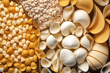 Poster -  a close up of different types of shells and other things on a table with a black background and a yellow and white pattern on the bottom.  generative ai