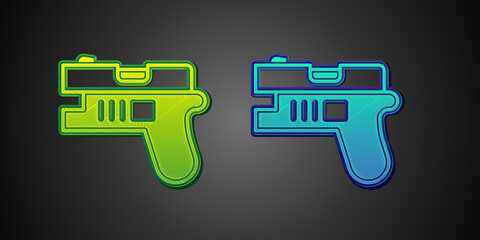 Sticker - Green and blue Futuristic space gun blaster icon isolated on black background. Laser Handgun. Alien Weapon. Vector