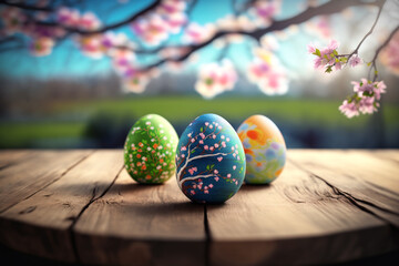 Wall Mural - Colorful Easter eggs on a wooden tabletop with cherry flowers in the background. Generative Ai. 