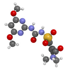 Sticker - Nicosulfuron systemic herbicide molecule. 3D rendering.