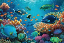  A Painting Of A Group Of Fish Swimming In The Ocean With Corals And Sponges On The Bottom Of The Water And A Coral Reef In The Foreground.  Generative Ai