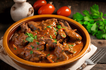 Wall Mural - Portuguese Delight: Moelas - A Hearty and Flavorful Chicken Giblets Gizzards Stew with Tomato Sauce, a Traditional Recipe passed down generations. Authentic and Comforting Meal ai generative