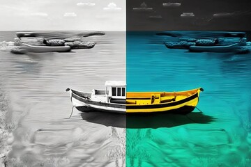 Sticker -  a boat floating on top of a body of water next to another boat in the ocean and another boat floating on the water with two different colors.  generative ai