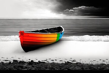 Wall Mural -  a boat sitting on top of a sandy beach next to the ocean on a cloudy day with a rainbow in the front of the boat.  generative ai