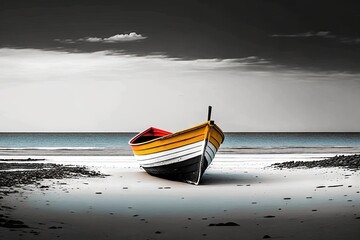 Wall Mural -  a small boat sitting on top of a sandy beach next to the ocean on a cloudy day with a black and white sky behind it.  generative ai