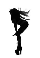 Silhouette of dancing young woman in high heels on white background