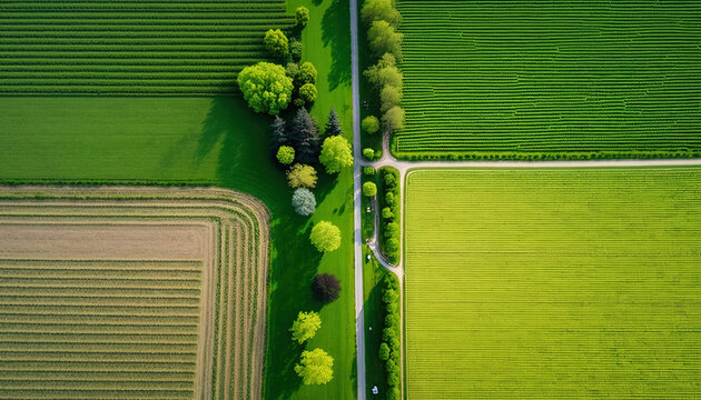 Generative AI, Farm landscape, agricultural fields, beautiful countryside, country road. Nature Illustration, photorealistic top view drone, horizontal banner.