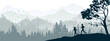 © Anna - Silhouette of boy and girl jogging. Forest, meadow, mountains. Horizontal landscape banner. Gray illustration.