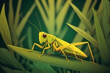 Blurry Backdrop With A Yellow Grasshopper Resting On Grass In A Garden. Generative AI
