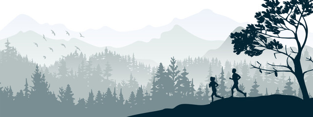 Silhouette of boy and girl jogging. Forest, meadow, mountains. Horizontal landscape banner. Gray illustration. 