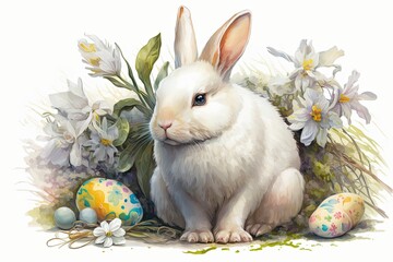 Wall Mural - Easter theme, rabbit and colorful eggs. Generative AI.