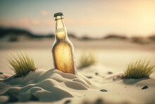 Ice Cold Beer Bottle In The Sand Under The Bright Sun. Generative AI