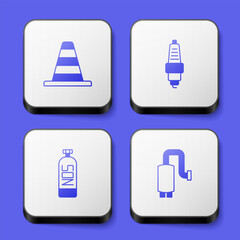 Wall Mural - Set Traffic cone, Car spark plug, Nitrous oxide and muffler icon. White square button. Vector