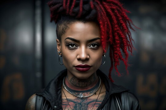 portrait of beautiful african american woman with red dreadlock braids tattoos in leather jacket pho