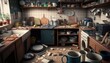 The disorganized kitchen depicts a chaotic and messy room.