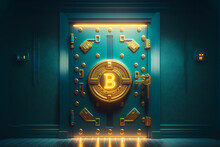 Gold Safe deposit with bitcoin logo. Concept symbol of cryptocurrency safety in internet blockchain virtual. Copy space banner. Generation AI