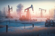 Oil pumps on frosty winter landscape with sun light . Fuel, petroleum industry equipment with snow. Generation AI