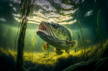 Wall Mural - Predatory fish Largemouth bass in habitat under water looking for prey. Sport fishing concept. Generation AI