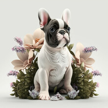 Portait Of French Bulldog With Flowers On White Background, Summer Watercolor Postcard With Animals, Generative AI