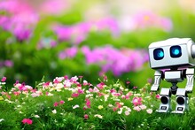 Smart And Cute Little Humanoid Robot That Takes Care Of Flowers, Green Plants And The Planet. Concept Of Coexistence Between Technology And The Environment. Generative Ai