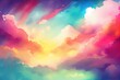 Colorful watercolor background of abstract sunset sky with puffy clouds in bright rainbow colors of pink green blue yellow and purple. Generative AI
