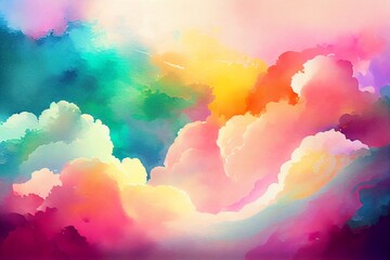 Wall Mural - Colorful watercolor background of abstract sunset sky with puffy clouds in bright rainbow colors of pink green blue yellow and purple. Generative AI