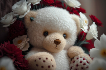 Teddy bear with red flowers on the side symbolizing love.Research in the area of psychology points out that giving a teddy bear to someone who is far away is a way of saying 