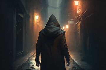 Man walking down the street in a hooded jacket. AI