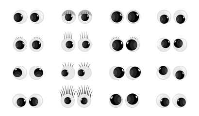A set of plastic toy eyes. Glossy, bulging, puppet eyes.
Cute, round, vector, isolated elements. Look down, up, left, right. Different, shaking, silly, hilarious pairs of eyeballs. Vector illustration