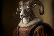 Created With Generative AI Technology. Portrait Of Mountain Goat In Renaissance Clothing