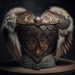 Winged armor, breastplate, viking style, fur and feathers, productphotography, generative ai