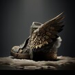 Winged shoes, viking style, fur and feathers, productphotography, generative ai