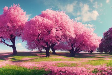 panoramic view of the colourful meadow with blossoming cherry trees. generative ai