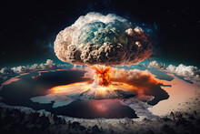 Nuclear Explosion Of Atomic Bomb With A Radioactive Mushroom On Planet View From Space. Concept Of A Global Catastrophe Armageddon Apocalypse. Generative AI