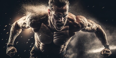 Caucasian strong athlete running furiously. Strength, resistance and determination concept. Generative AI illustration