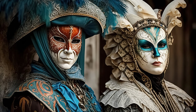 Elegant people in masquerade carnival mask at Venice Carnival. Beautiful women and men wearing venetian mask.   digital ai art