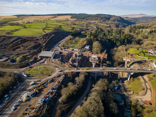 Canvas Print - MERTHYR TYDFIL, WALES - FEBRUARY 06 2023: Aerial view of a roundabout and major roadworks at section 5 of the A465 