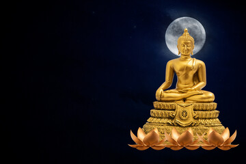 Wall Mural - Buddha statue on black sky moon background at night.