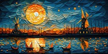 Dutch Windmill Abstract Painting Landscape. Sun Setting Over River With Boats In Holland. Colorful Sunset Background Wallpaper.