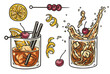 Set of old fashioned cocktails with ice, orange and cherry for design of bar menu. American alcochol cocktails with whisky and bourbon for drink party